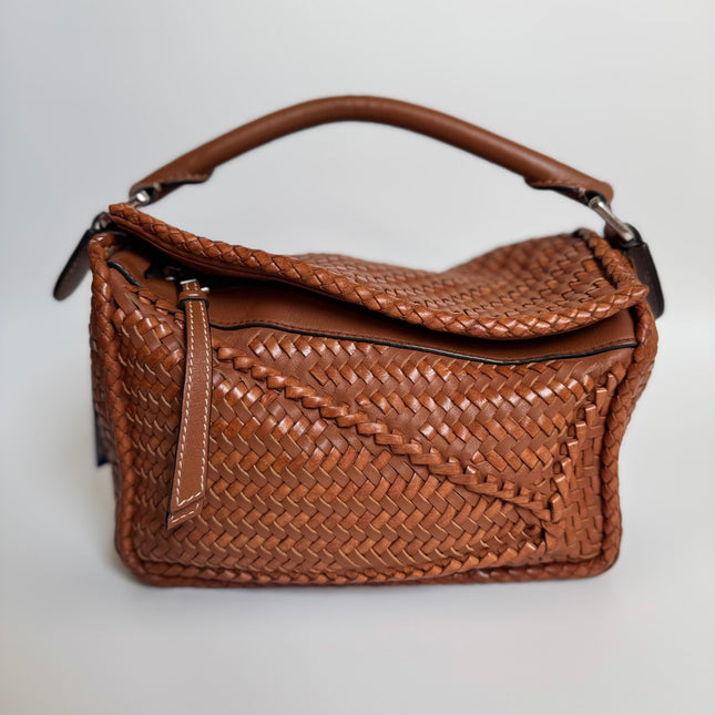 Loewe Puzzle Small Leather Woven Braided Caramel Tan Crossbody Bag-Luxbags
