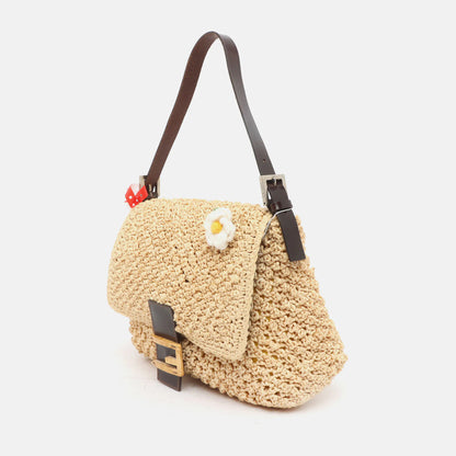 Fendi Mamma Baguette Raffia Crochet Shoulder Bag with Flower