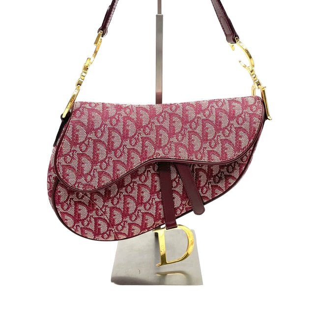 Dior Saddle Vintage Medium Red Burgundy Monogram Oblique Shoulder Bag 2002-Luxbags