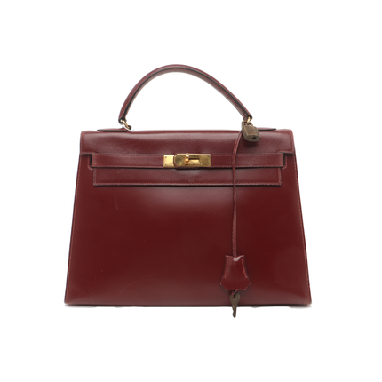 Hermes Kelly 32 Sellier Burgundy Box Leather Gold HW 1987-Luxbags