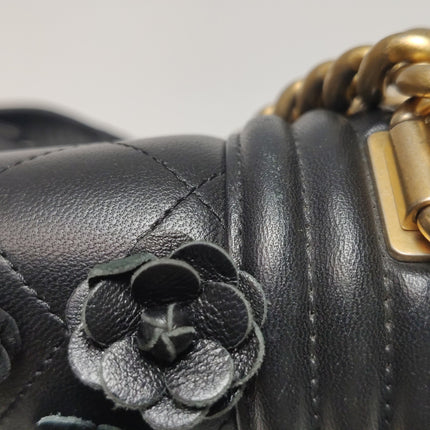 Chanel Le Boy Bag Small Camellia Black Lambskin Leather Gold Hardware
