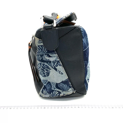 Loewe Puzzle Large Navy Leather and Denim Bird Print