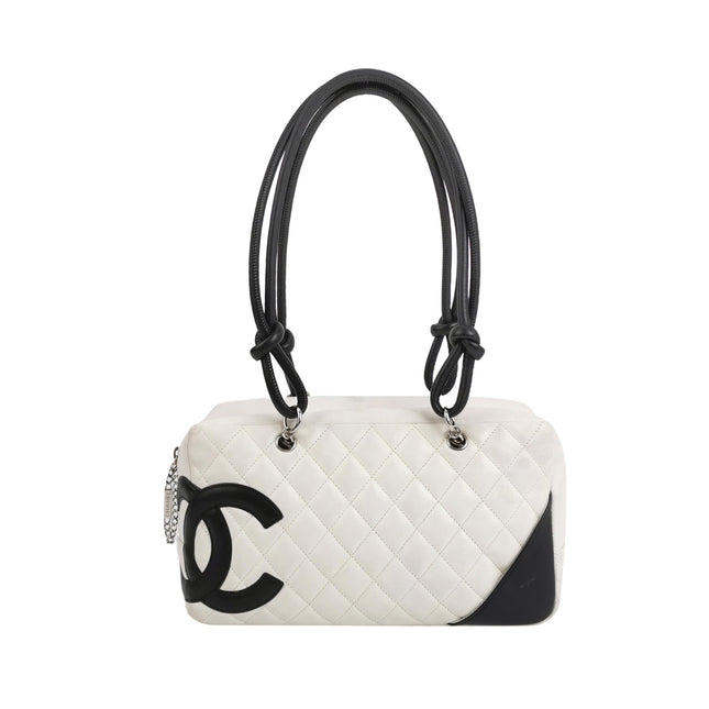 Chanel Cambon Medium Shoulder Bag White Calfskin Leather Black Double Strap-Luxbags