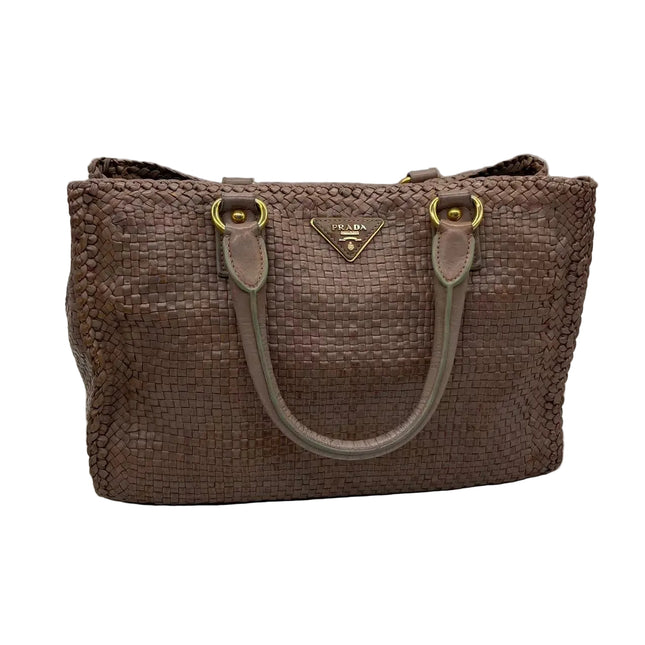 Prada Madras Brown Woven Leather Top Handle Shopping Tote Medium-Luxbags