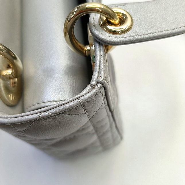 Lady Dior Mini Pearlescent Grey Cannage Lambskin Gold Hardware Chain Strap