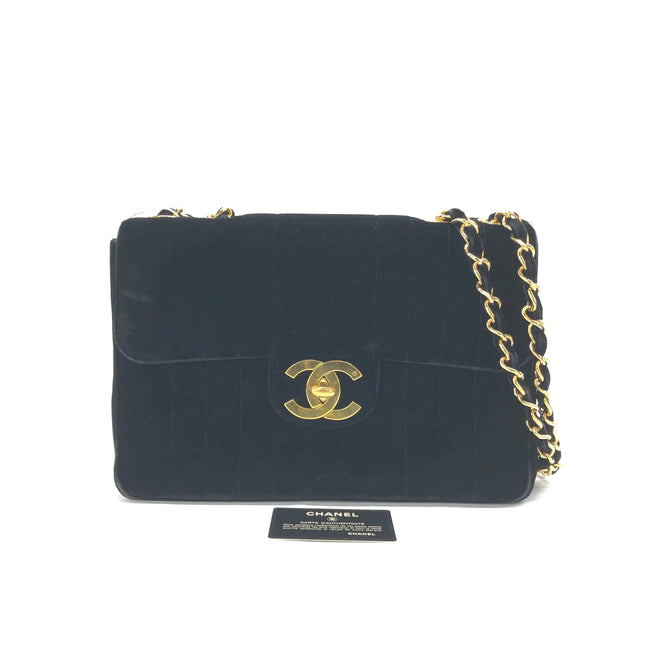 Chanel Classic Flap Maxi Black Velvet Leather Giant Gold CC Logo