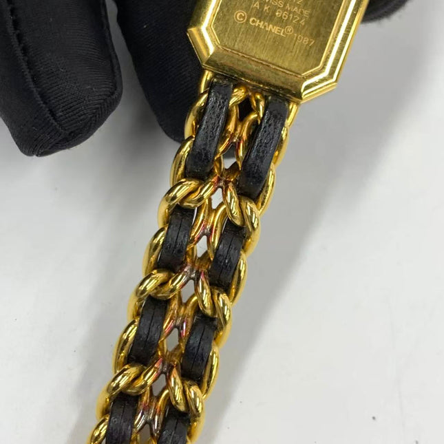 CHANEL Vintage PREMIERE Watch Small Black Leather and 24KT Yellow Gold Plated