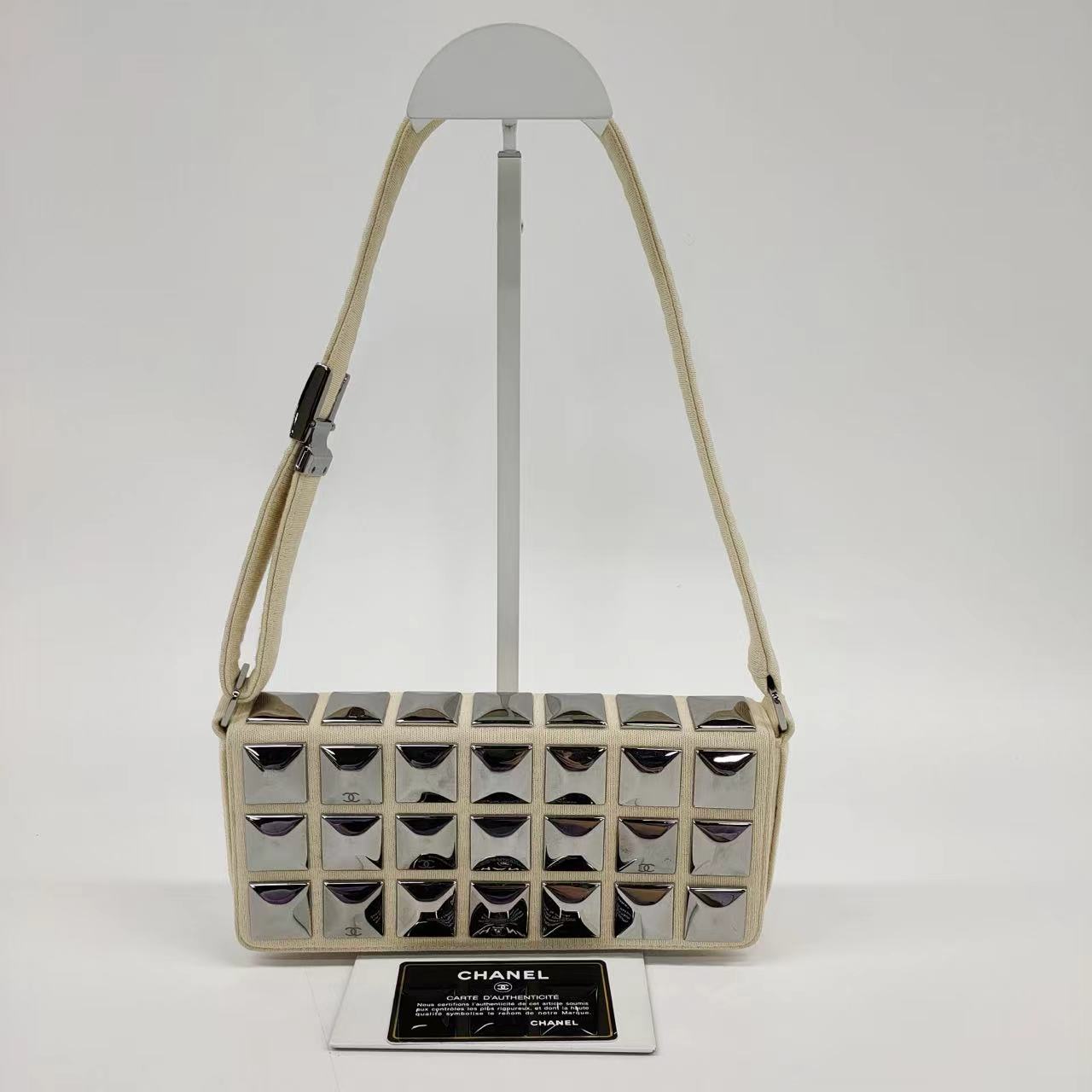 Chanel Ivory Jersey Evening Bag with Mirrored Pyramid Studs Ice Cube Chocolate Bar Shoulder Bag Medium White Cloth