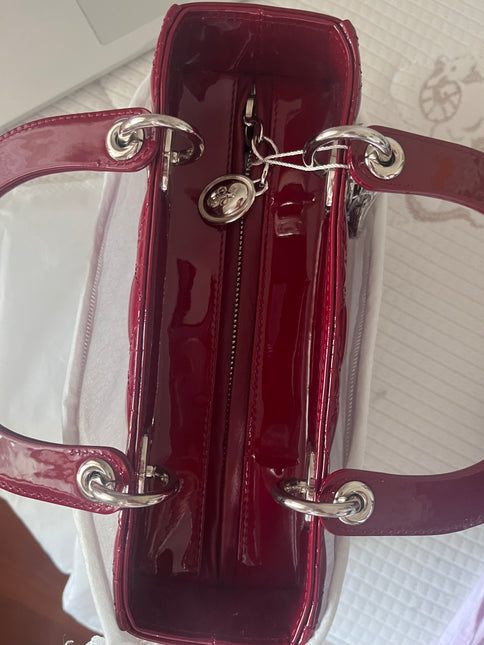 Sold Lady Dior 2017 Medium Burgundy Patent Leather Handbag Adjustable Strap