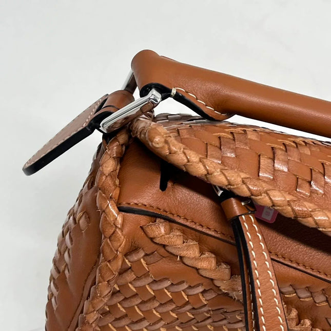 Loewe Puzzle Small Leather Woven Braided Tan Brown Crossbody Bag
