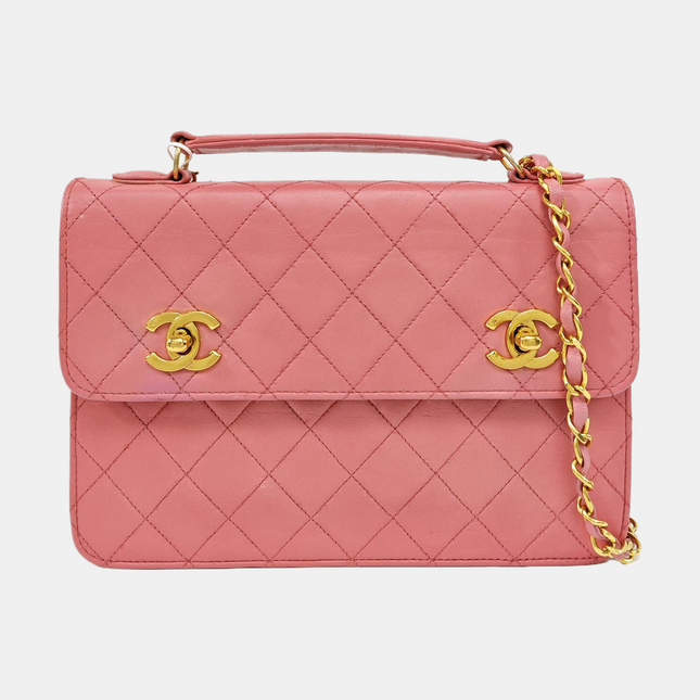 Chanel Vintage Double CC Turnlock Small Pink Lambskin Leather 2Way Shoulder Bag