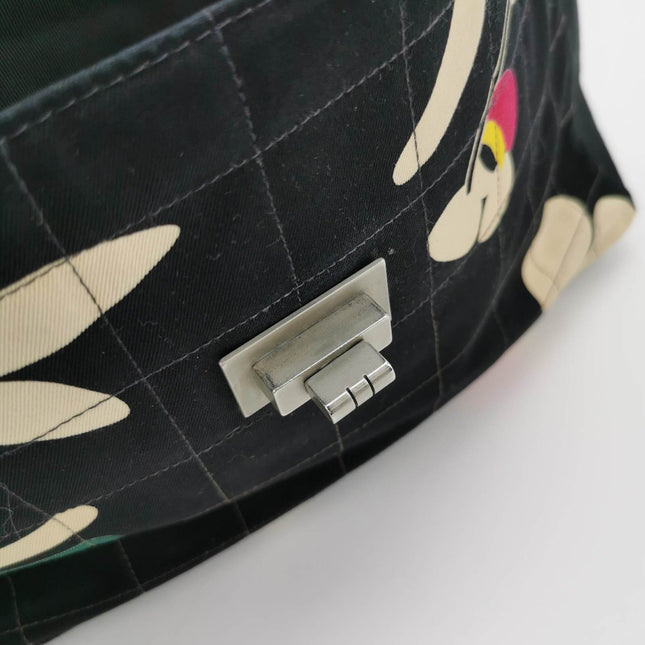 Chanel 2.55 Flap Bag Vintage Chocolate Bar Multipocket 2000 Large Black Fabric with Bird Print