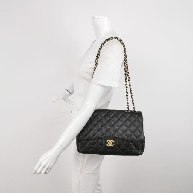 Chanel Classic Flap Jumbo Black Caviar Leather Single Flap 24k Gold Hardware 2008