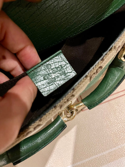 Gucci Horsebit 1955 Chain Cloth Gucci Monogram Green Leather and Gold Studs