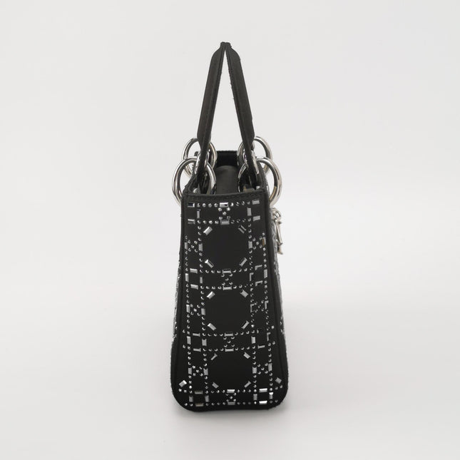 Lady Dior Mini Black Silk with Crystals Silver Hardware