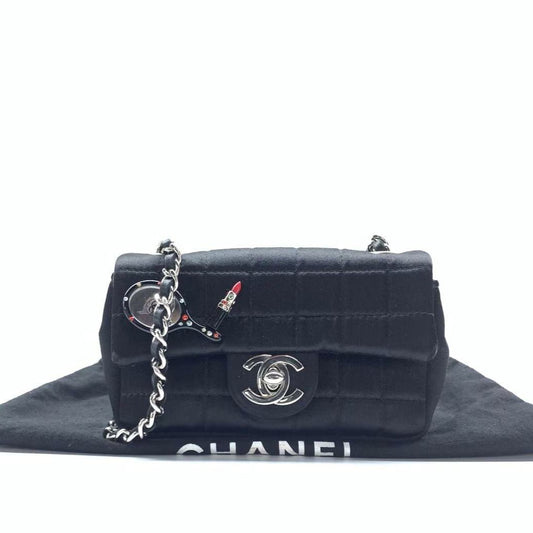 Chanel Extra Mini Flap Bag Black Satin Choco Bar Lipstick Mirror Crossbody, 2005-Luxbags