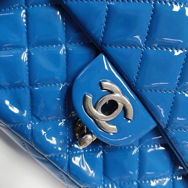 Chanel Classic Flap Mini Blue Patent Leather Silver Hardware