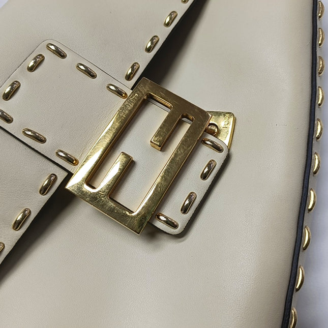 Fendi Baguette Selleria Medium White Calfskin Leather Gold Studs Crossbody Bag