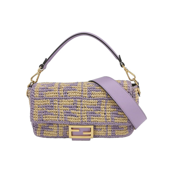 Fendi Baguette Medium Beige Lavender Raffia Leather Crossbody Bag-Luxbags