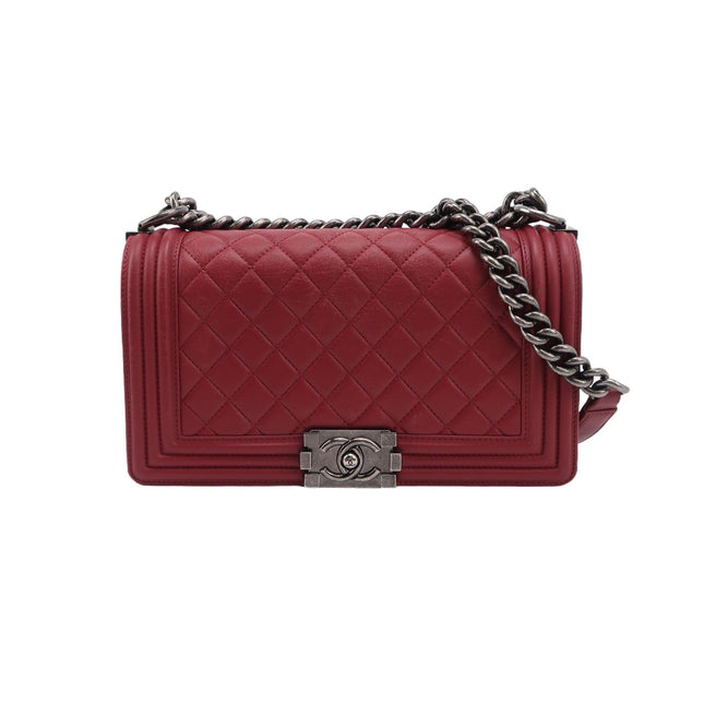 Chanel Le Boy Medium Bag Burgundy Lambskin Leather Silver Antiqued Hardware-Luxbags