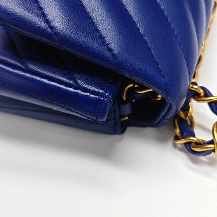 Chanel Classic Flap Mini Square Chevron Stitching Blue Lambskin Gold Hardware Crossbody Bag