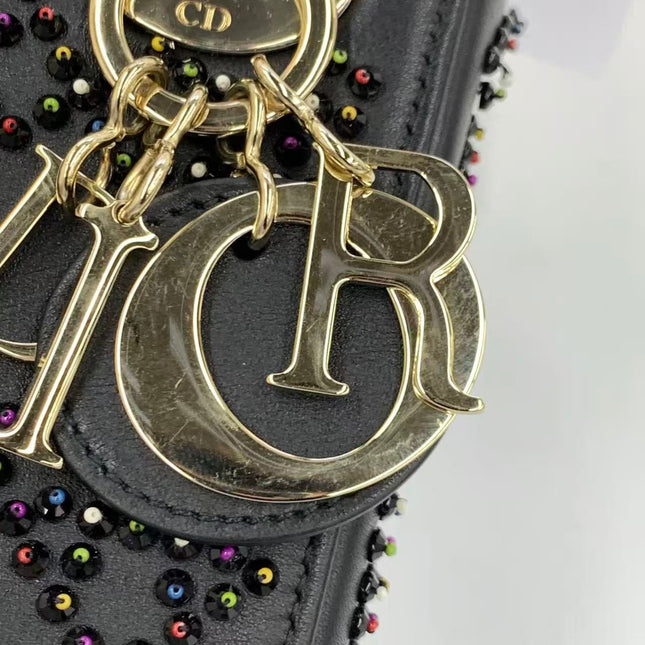 Lady Dior Mini Black Calfskin Leather with Multicolor Crystals Gold Hardware