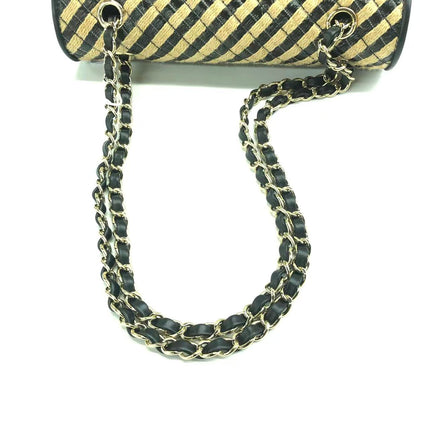 Chanel Medium Raffia Jute Striped Flap Bag Black Diamond Wild Stitch