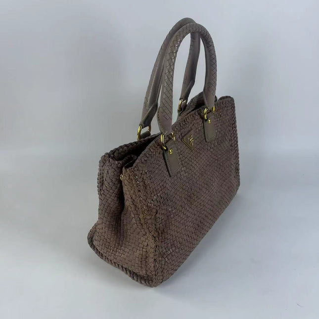 Prada Madras Brown Woven Leather Top Handle Shopping Tote Medium