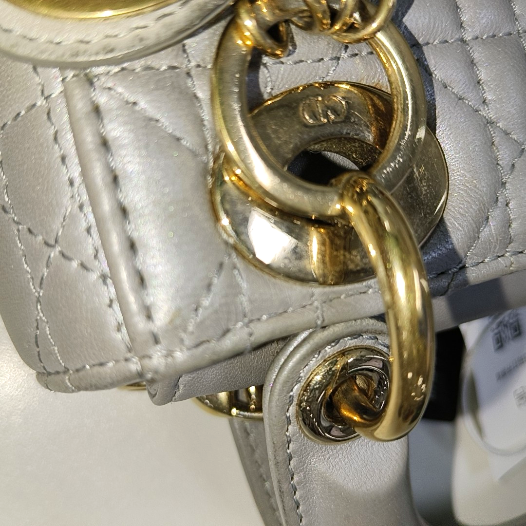 Lady Dior Mini Pearlescent Grey Lambskin Leather Gold HW Chain Strap