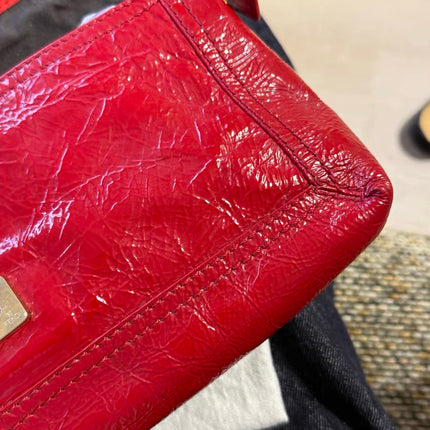 FENDI Baguette Red Crinkled Patent Leather Shoulder Bag
