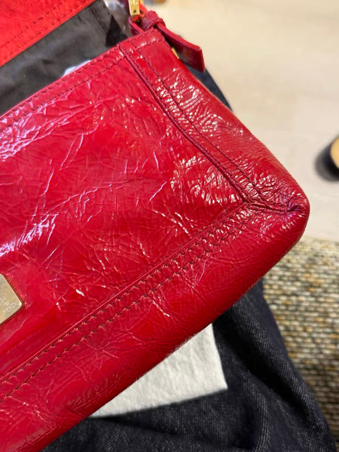 FENDI Baguette Red Crinkled Patent Leather Shoulder Bag