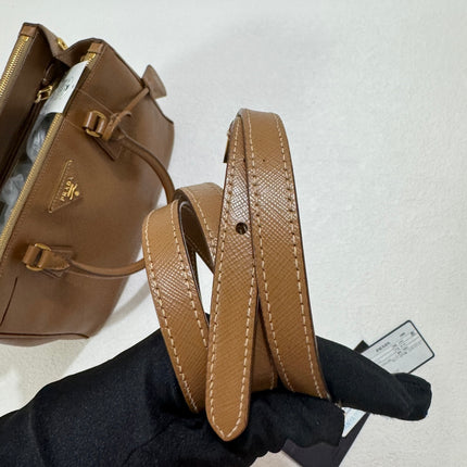 Prada Galleria Saffiano Leather Small Tan Brown Handbag with Strap 25cm