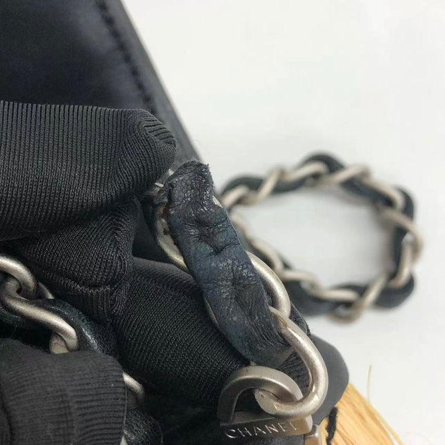 Chanel Medium Straw Wicker Flap Bag Black Diamond Wild Stitch