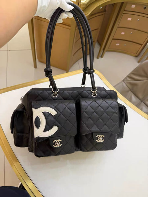 Chanel Cambon Multi-pocket Ligne Reporter Bag Large Black Calfskin Leather White Logo