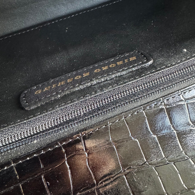 Hiroko Koshino Black Crocodile Print Calfskin Leather East West Clutch Bag