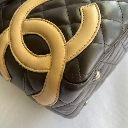 Chanel Cambon Medium Shoulder Bag Brown Calfskin Leather Snake-skin CC Logo Black Double Strap