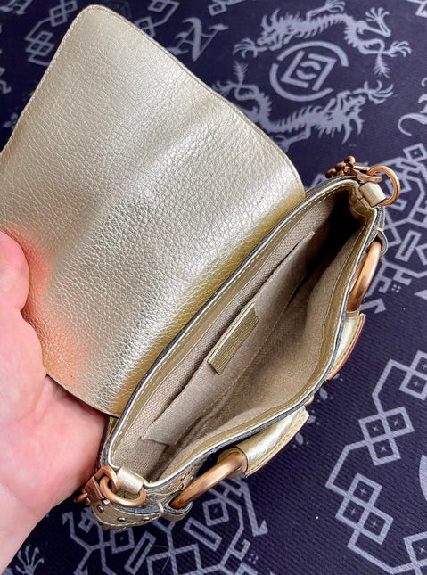 Sold Gucci Horsebit 1955 Chain Bag Pearlescent Gold Leather and Gold Studs