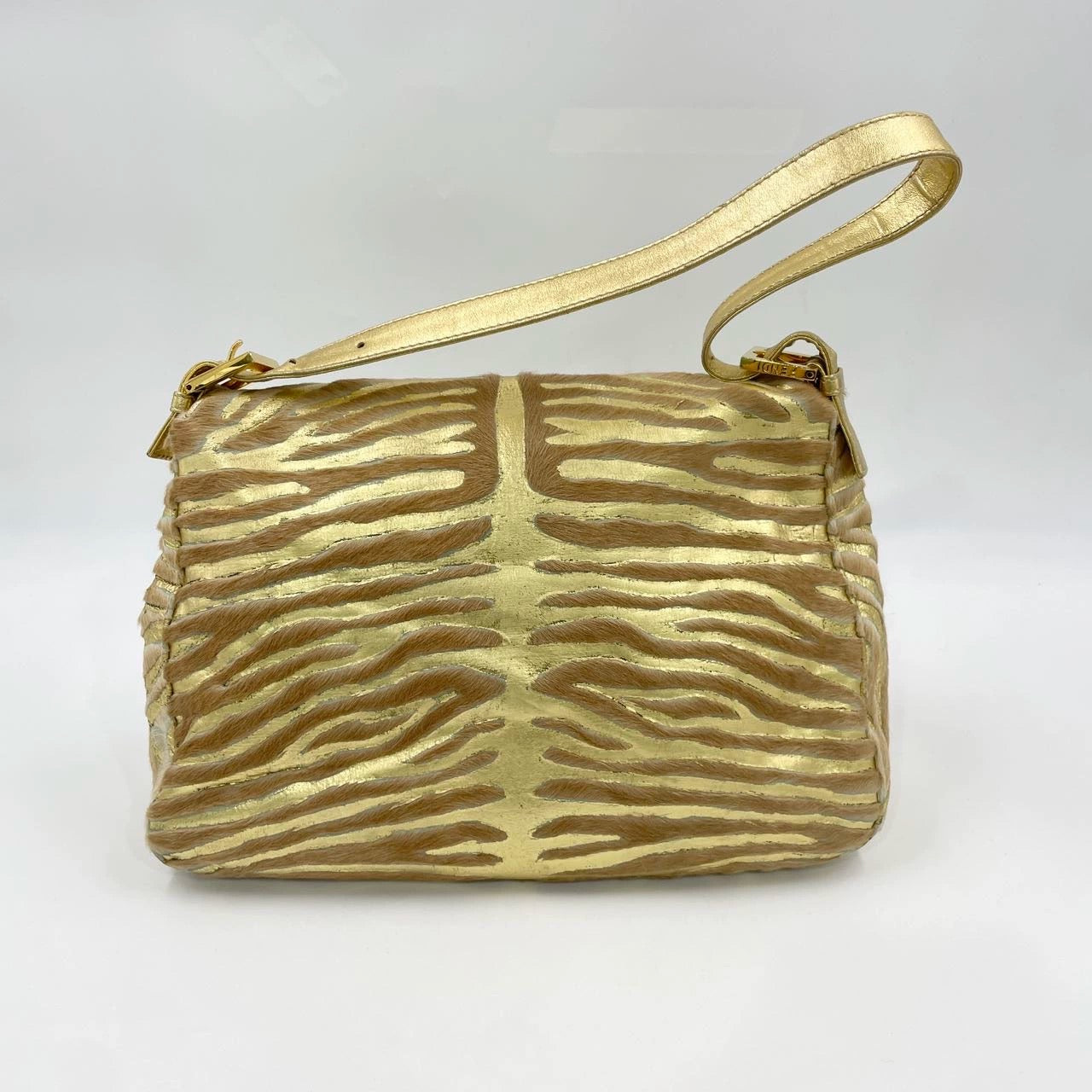 Fendi Mamma Baguette Gold Lambskin Leather Pony-style Zebra Stripes