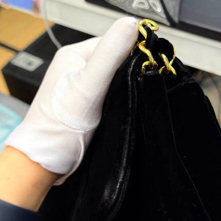Chanel Classic Flap Maxi Black Velvet Leather Giant Gold CC Logo