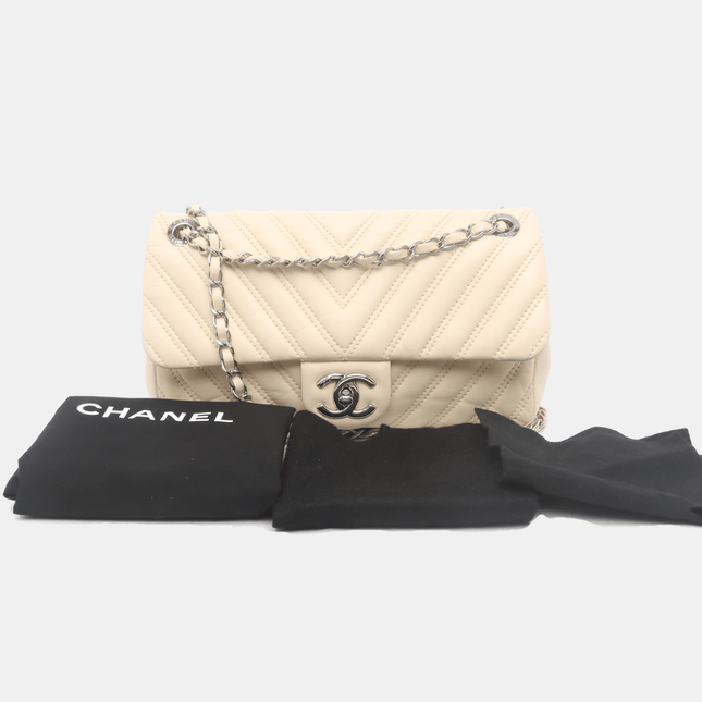 Chanel Classic Flap Medium Chevron Beige Quilted Lambskin Leather, 2015