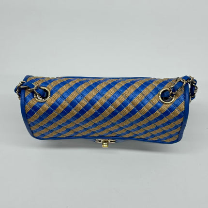 Chanel Mini Raffia Jute Striped Flap Bag Blue Diamond Wild Stitch
