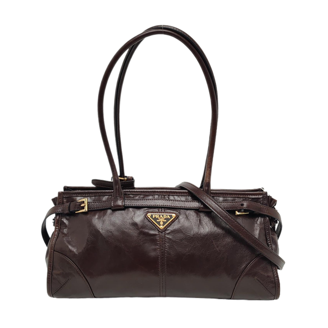 Prada Bonnie Medium Soft Lux Brown Shiny Calfskin Leather Shoulder Bag-Luxbags