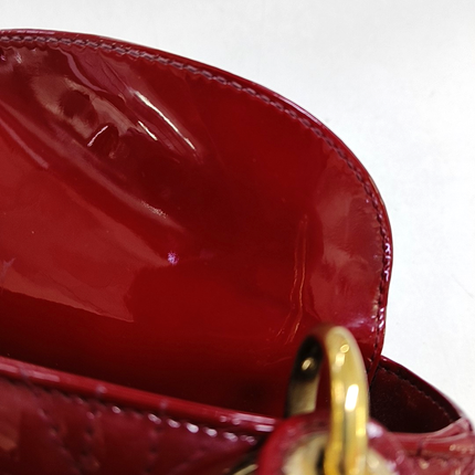 Lady Dior Mini Handbag Burgundy Red Patent Leather Gold-tone Chain Strap