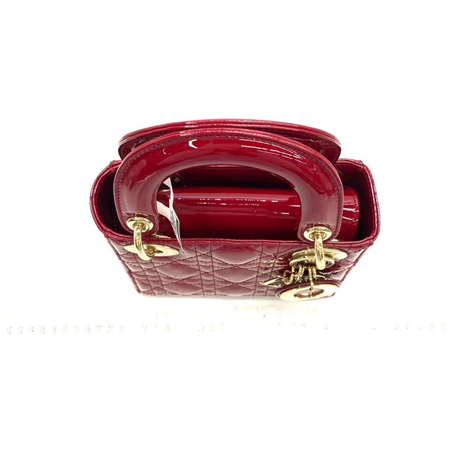 Lady Dior Mini Handbag Burgundy Red Patent Leather Gold-tone Chain Strap