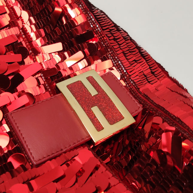 Fendi Baguette Medium Red Glitter Sequins Shoulder Bag