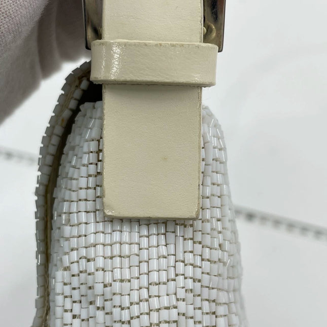 Fendi Baguette Vintage White Glitter Beads Brown Leather