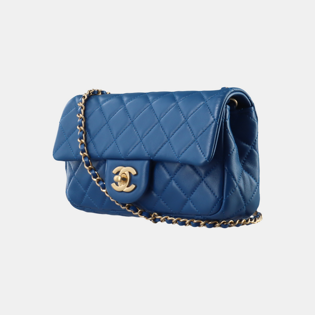 Chanel Classic Flap Rectangular Mini Blue Lambskin Pearl Crush Adjustable Gold Ball Chain