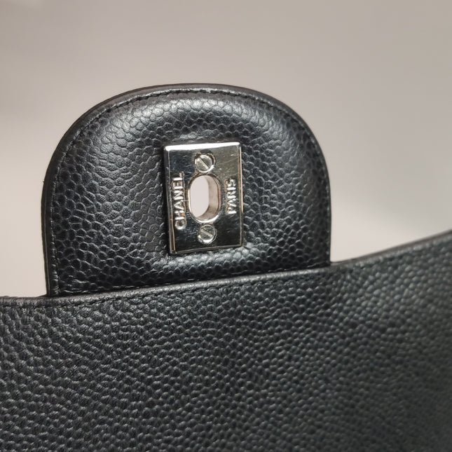 Chanel Classic Flap Maxi Black Caviar Leather Double Flap Sliver Hardware
