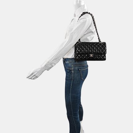 Chanel Timeless Classic Flap Medium 2014 Black Lambskin Leather Silver Hardware