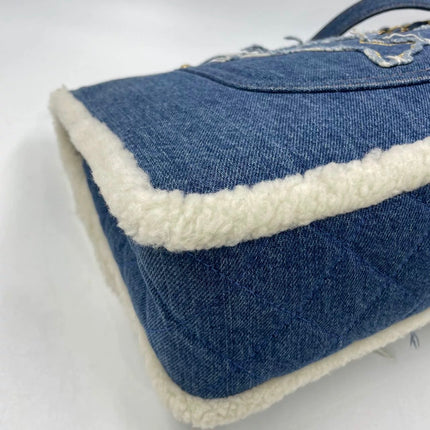 Chanel Blue Denim White Shearling Egyptian Hieroglyph Maxi Flap Bag Gold Hardware, 2019